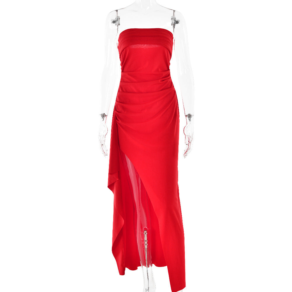 Women's Strapless Pleated Bridesmaid Dress – Long Split Evening Gown for Weddings & Galas